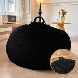 XeGe Fluffy Stuffed Animal Storage Bean Bag Chair Cover (No Filler), Faux Fur Washable Ultra Soft Bean Bag Cover for Plush Toys or Textile, Plush Shaggy Large Bean Bag for Adults Kids Teens, Black