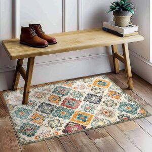 QQL 2'x3' Washable Indoor Entry Rug,Accent Door Mat Machine Soft Small Area Rug,Non-Slip Non-Shedding Faux Wool Vintage Design Boho Low Pile Throw Rugs