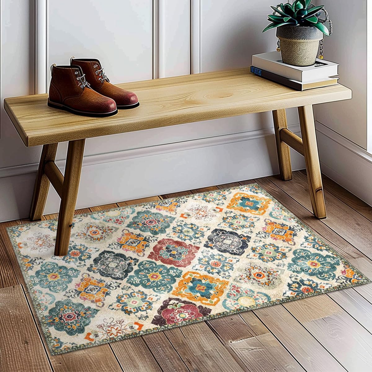 QQL 2'x3' Washable Indoor Entry Rug,Accent Door Mat Machine Soft Small Area Rug,Non-Slip Non-Shedding Faux Wool Vintage Design Boho Low Pile Throw Rugs