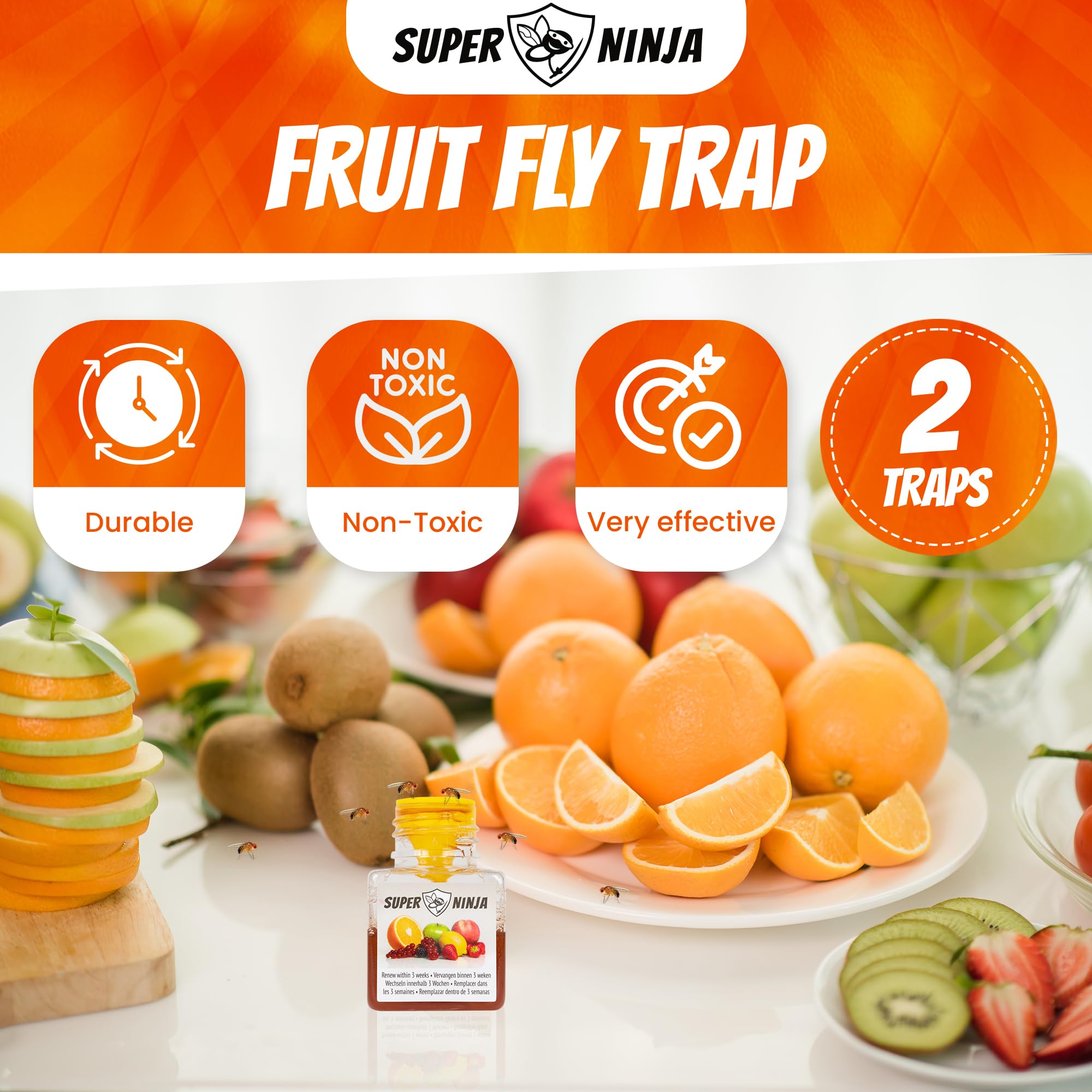 Super Ninja Fruit Fly Traps for Indoors - 2 Traps - Highly Effective Eco-Friendly Fruit Fly Catcher for Indoors - Pet and Child Safe - Up to 3 Weeks per Bottle