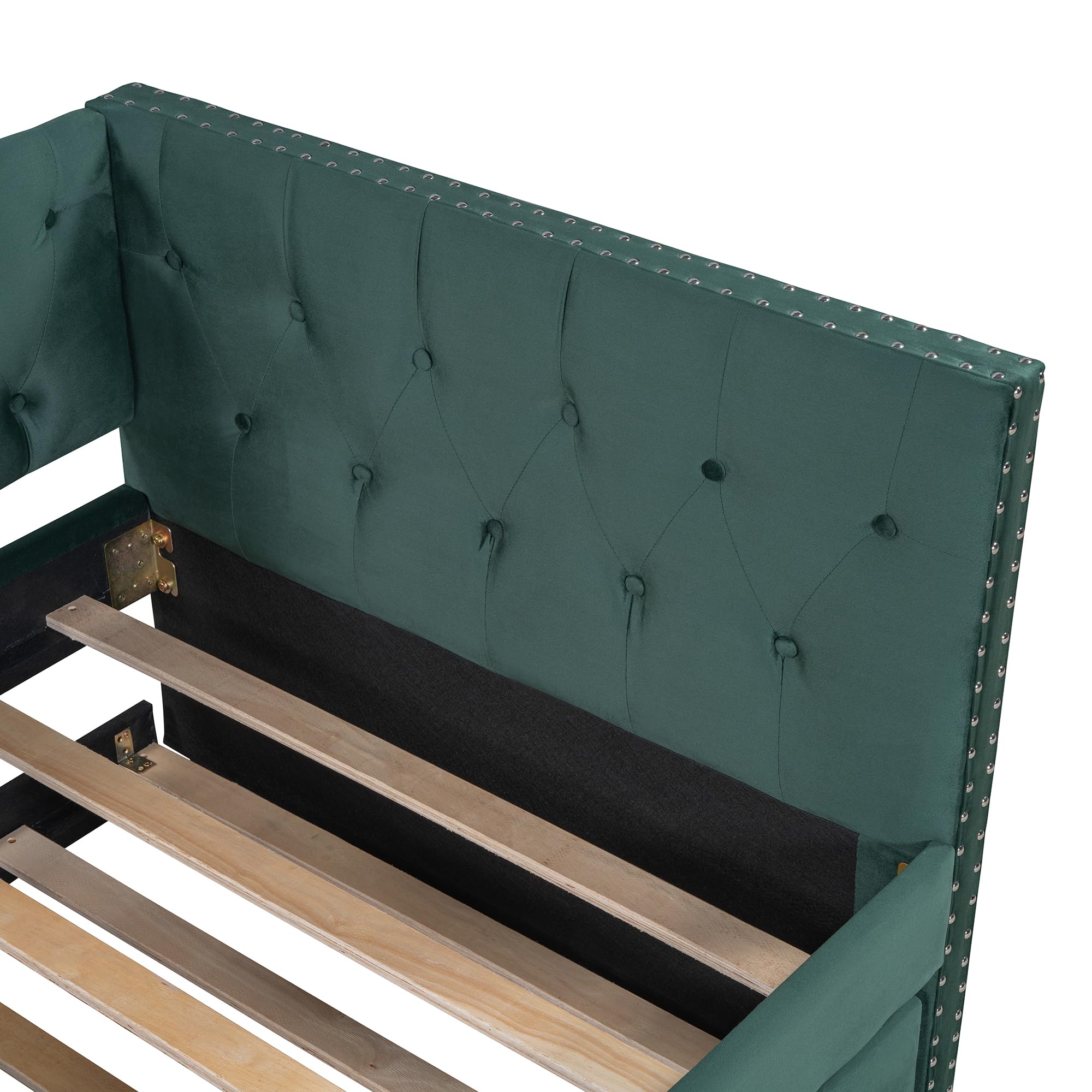 Merax Twin Size Tufted Upholstered Daybed with Trundle, Velvet Sofabed with Rivet Design, No Box-Spring Needed,Green