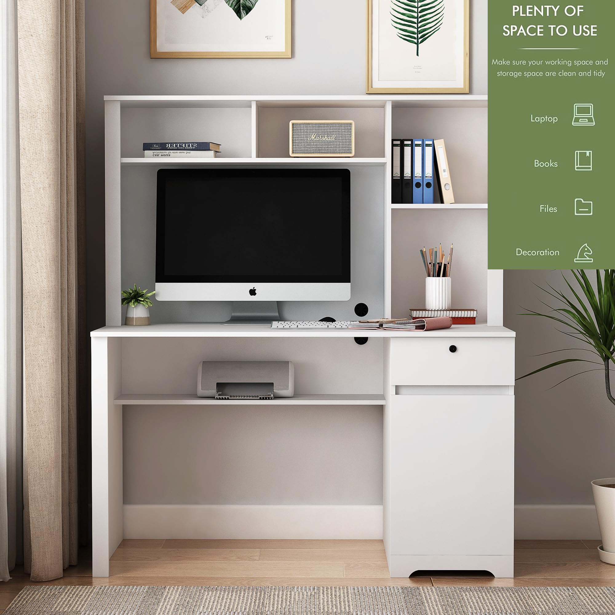 LUSPAZ Wooden Computer Desk with Hutch & Bookshelf, Executive Design for Teens, Students, and Home Office,Includes Drawers, AC Outlets, and USB Ports, White