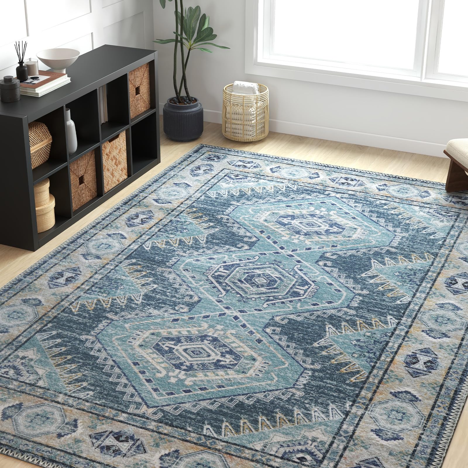 Belffin Boho Area Rugs 4x6 Washable Living Room Moroccan Rug, Thin Towelling Area Rugs, Soft No-Slip Foldable Indoor Carpet for Bedroom, Dining Room, Kitchen, Blue