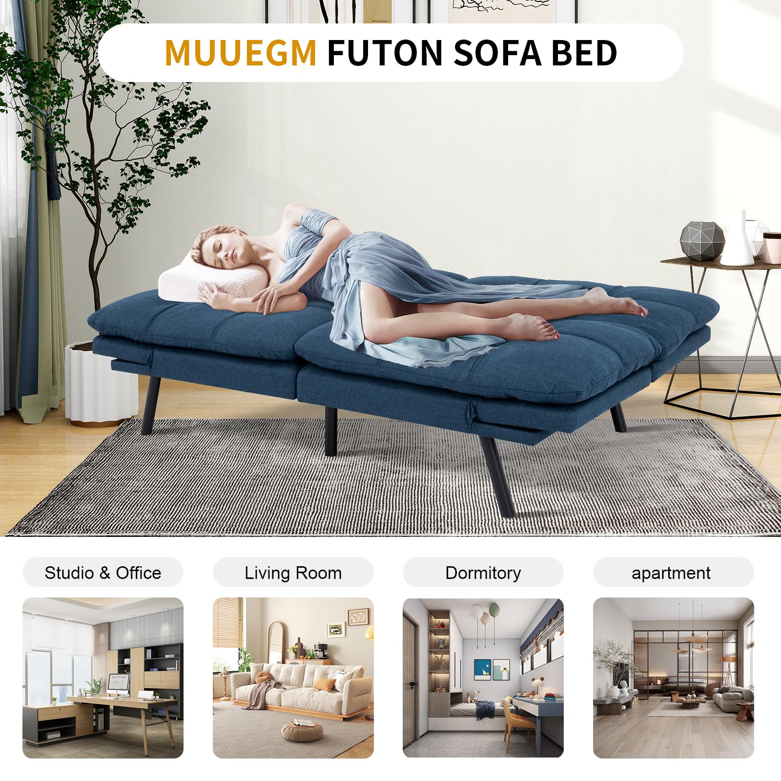 MUUEGM Convertible Futon Sofa Bed, Modern Couch Foldable Linen Memory Foam Couch Sleeper bed with Armrest and Backrest Adjustable Full Size Recliner for Living Room Office Sofabed,71" Blue