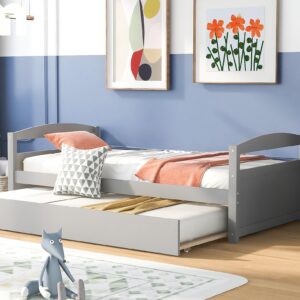 RITSU Twin Daybed Frame with Trundle, Wooden Day Bed for Living Room, Kids Twin Size Platform Bed with Headboard and Footboard for Boys Girls Teens, No Box Spring Needed,Twin Size,Grey