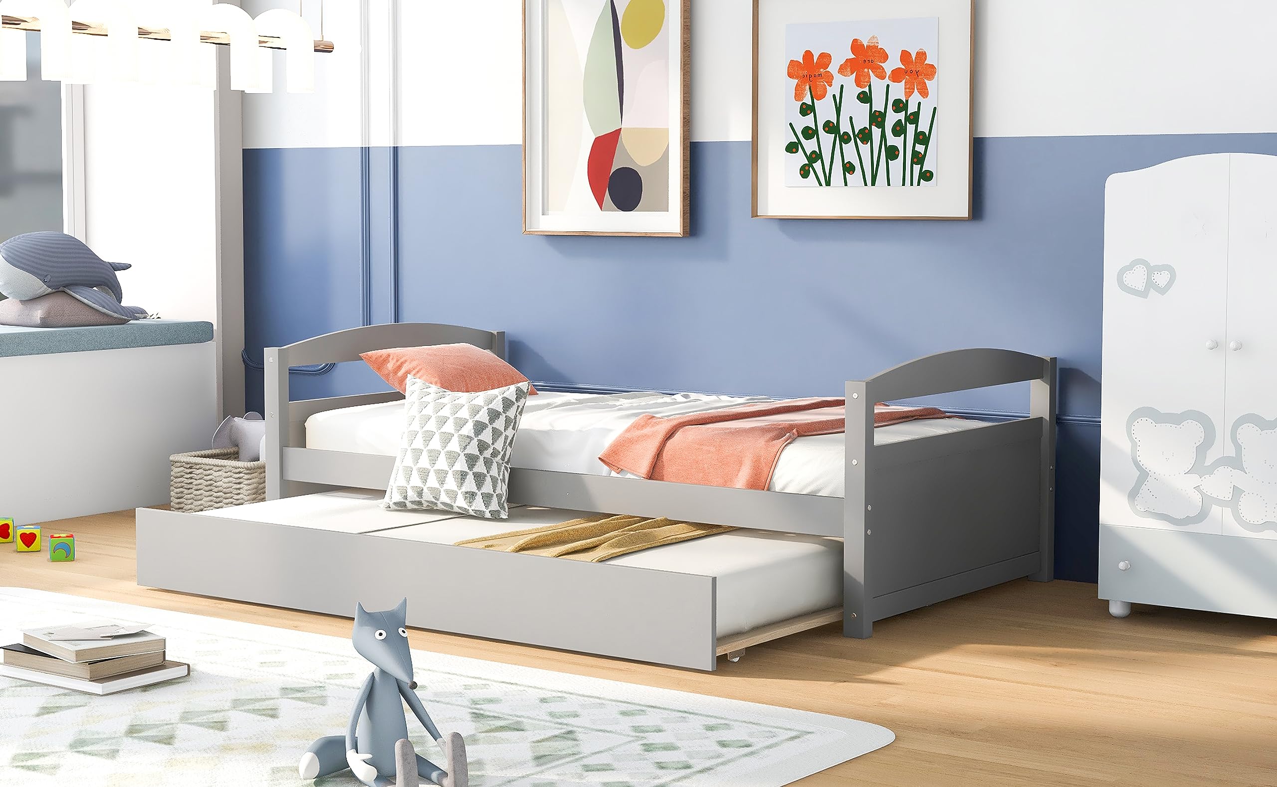 RITSU Twin Daybed Frame with Trundle, Wooden Day Bed for Living Room, Kids Twin Size Platform Bed with Headboard and Footboard for Boys Girls Teens, No Box Spring Needed,Twin Size,Grey