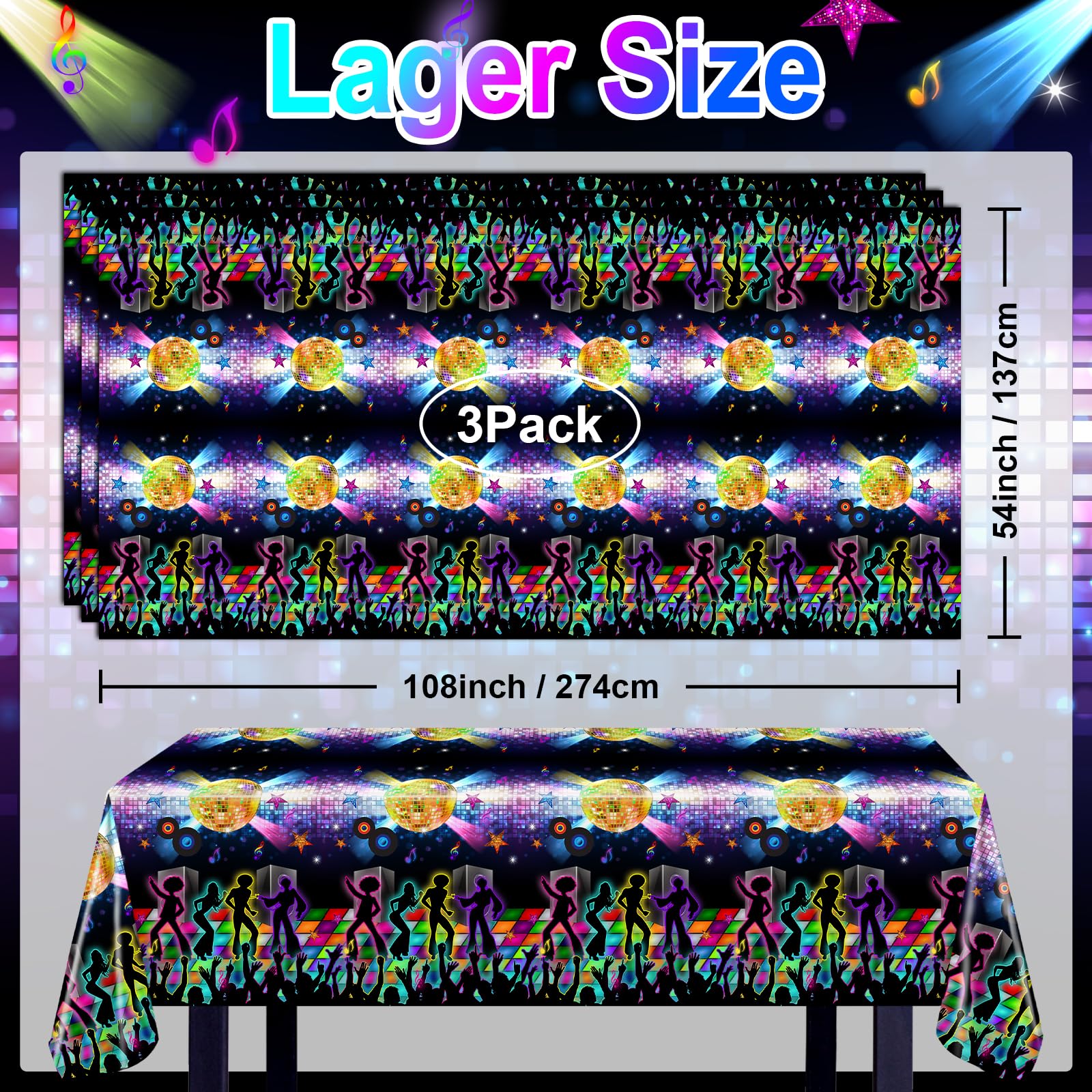 Avezano 3 pcs Disco Table Cloth 70's Party Table Cover Lets Boogie 70s Party Decorations Plastic Throwback 70s Party Supplies for Dining Room Kitchen, 108x54 Inch