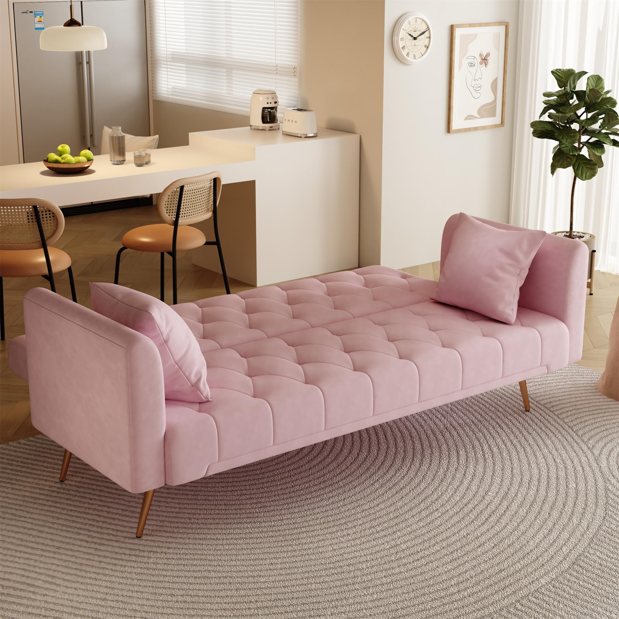 SumKea 71'' Modern Velvet Futon Sofa Bed, Loveseat Sofa, Convertible Folding Sleeper Couches with Adjustable Backrests and 2 Pillow, Lounge Sofa with Golden Chrome Legs, Pink