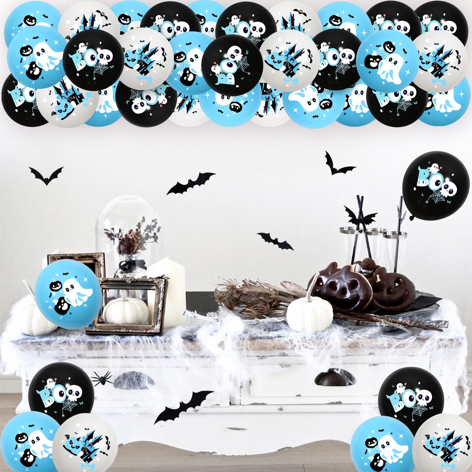 Kreatwow Halloween Baby Shower Balloon Boy 45pcs Blue Black Halloween Balloon Baby Shower Decor with Pumpkin Skull Bat Ghost Print for Halloween Birthday Party Little Boo Happy Boo Day Baby Shower