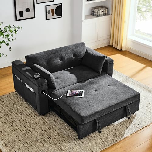 Modern 4 in 1 Convertible Sleeper Sofabed Chenille Upholstered Multifunctional Loveseat Sofa with Pull-Out Couch Bed,Armrests Storage,Cupholders,USB Ports,Adjustable Backrest,Pillows,Side Pockets