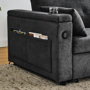 Modern 4 in 1 Convertible Sleeper Sofabed Chenille Upholstered Multifunctional Loveseat Sofa with Pull-Out Couch Bed,Armrests Storage,Cupholders,USB Ports,Adjustable Backrest,Pillows,Side Pockets