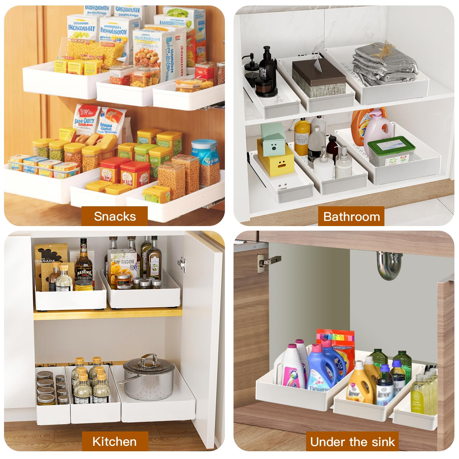 3 Pack Pull Out Cabinet Organizer,3 Sizes Slide Out Drawers with Adhesive,Pull Out Shelves for Kitchen Cabinets,Bathroom Cabinet Organizer and Storage, Pantry,Cabinet Roll Out Drawers (15.8" Deep)