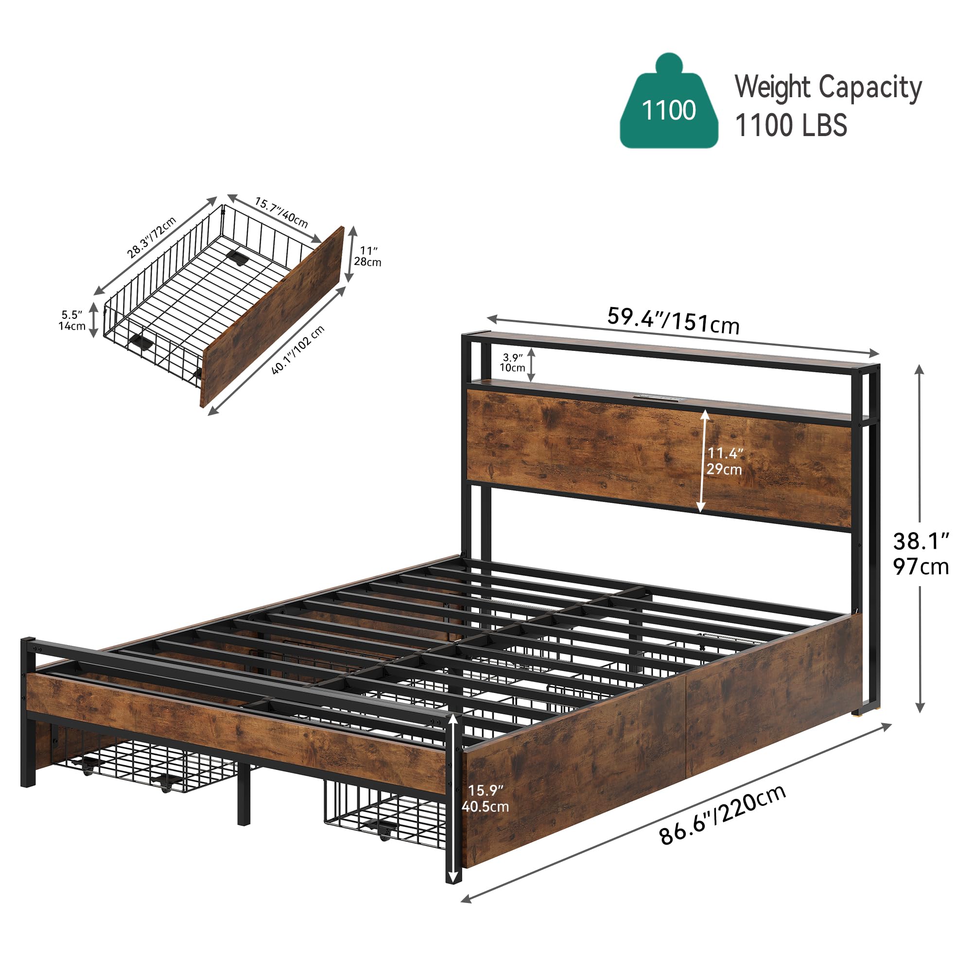 YITAHOME Queen Size Bed Frame with 4 Storage Drawers, Metal Platform Bed with Wooden Headboard and Charging Station, No Box Spring Needed, Fast Assembly - Brown