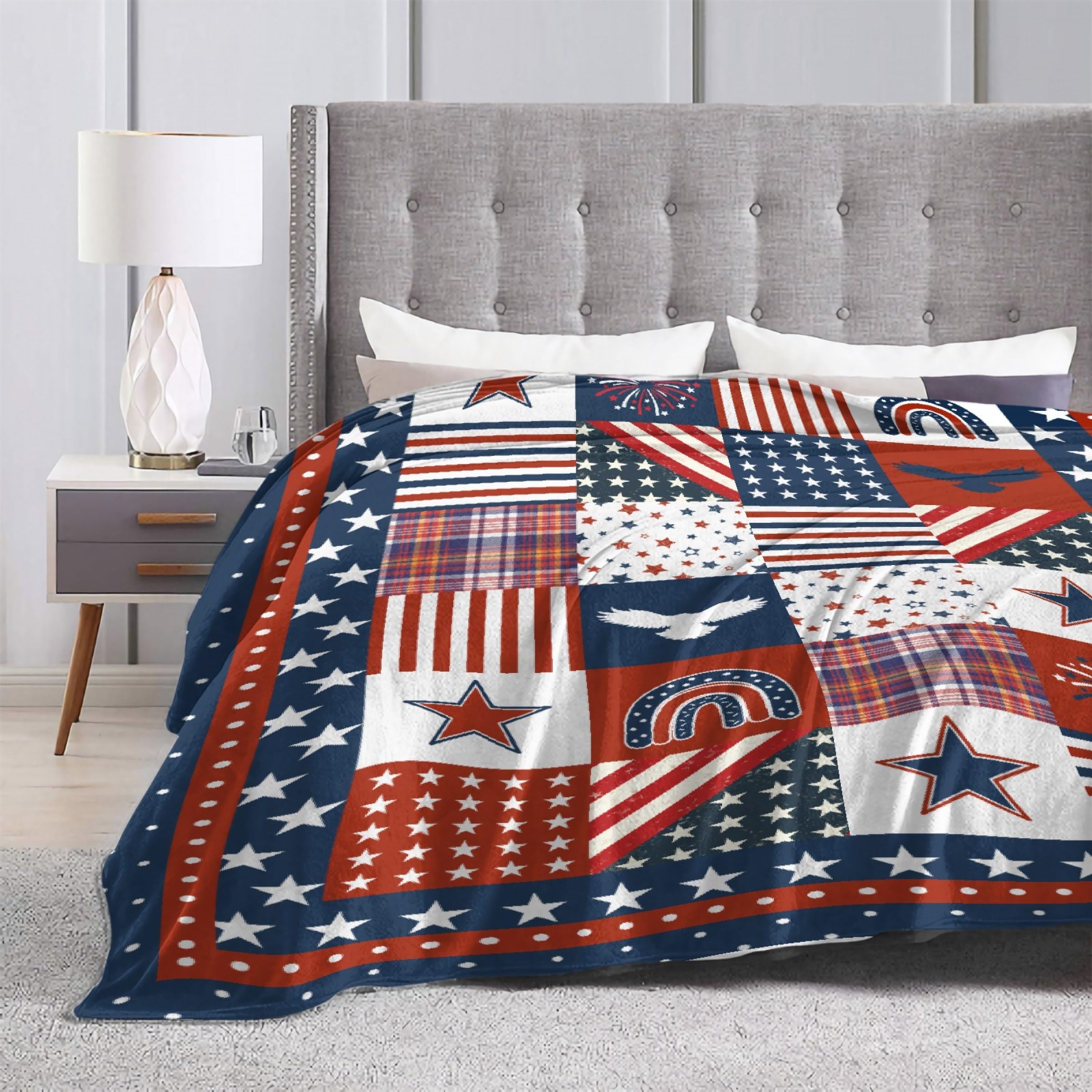 Ishanaten Flag Star Patriotic Blankets Independence Day 4th of July Blanket Gifts, Ultral Soft Blue Red White Lightweight Flannel Blankets Throw for Home Sofa Bed Chair 50"x60" for Teens