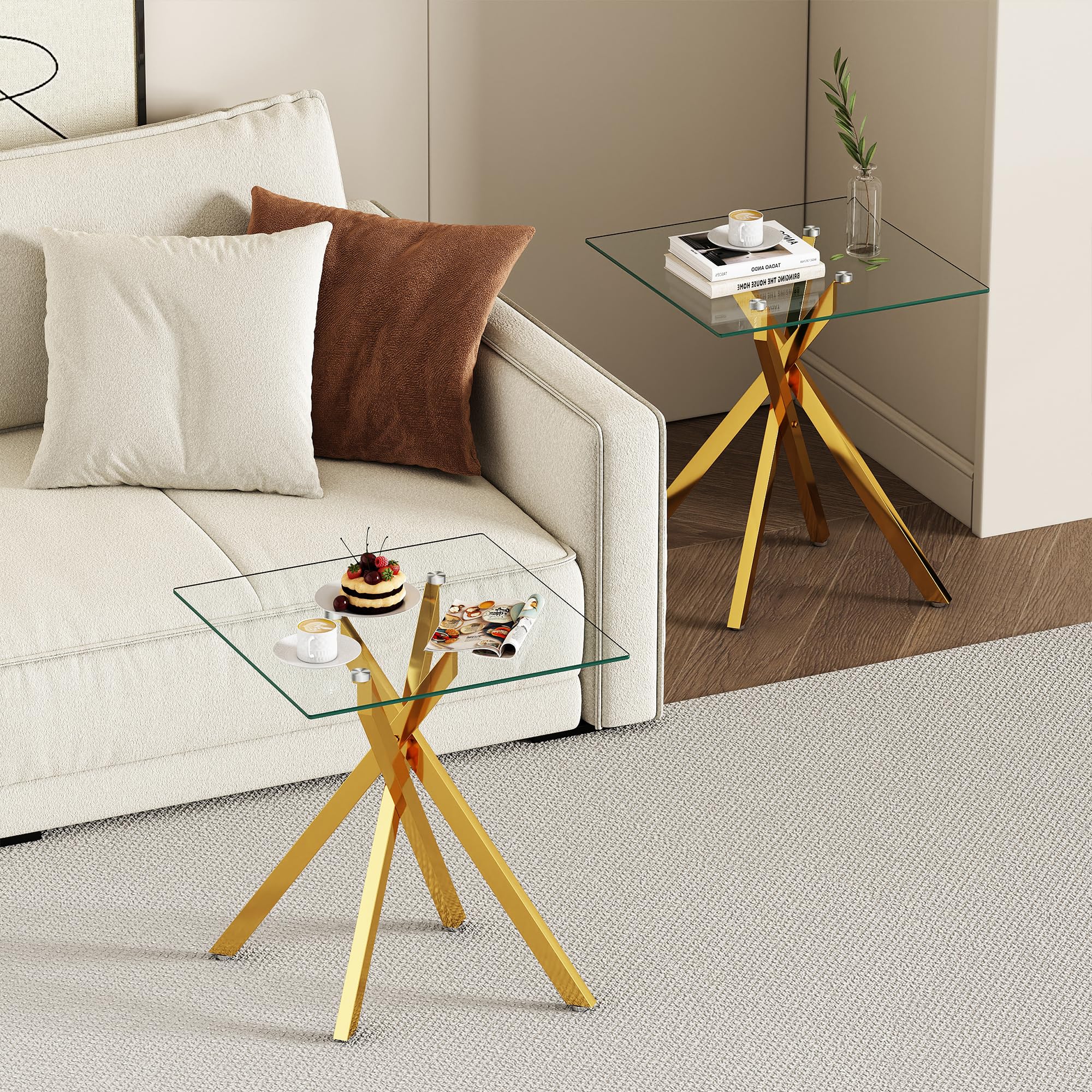 IANIYA Modern Glass End Tables Set of 2 - Stylish and Durable for Any Space (End Table x2, Gold)