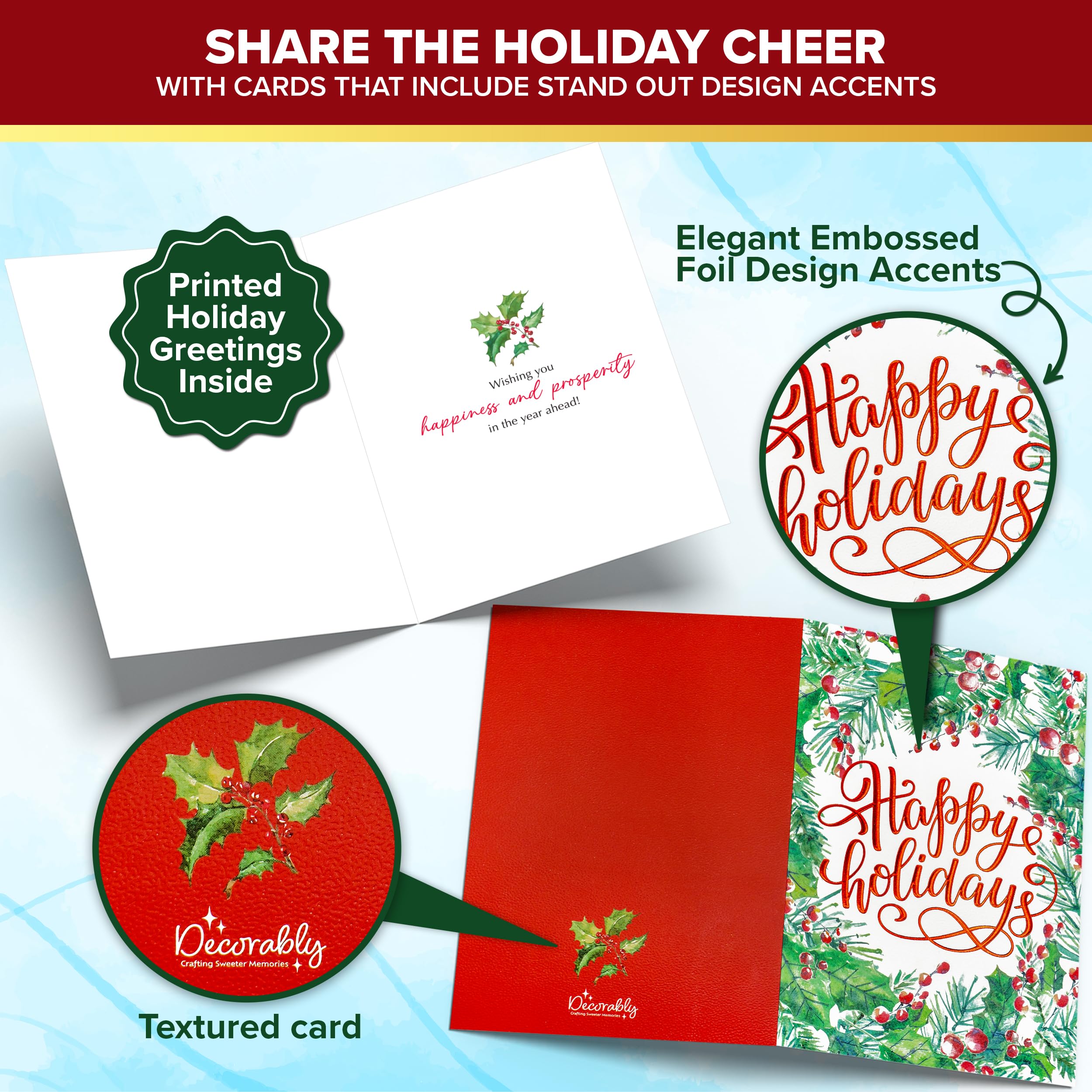 Decorably 40 Pack Foil Embossed Happy Holidays Cards with Envelopes Bulk & Stickers - 8 Designs Printed Message Bulk Christmas Cards Bulk Holiday Cards with Envelopes, 5x7in Happy Holiday Cards Bulk