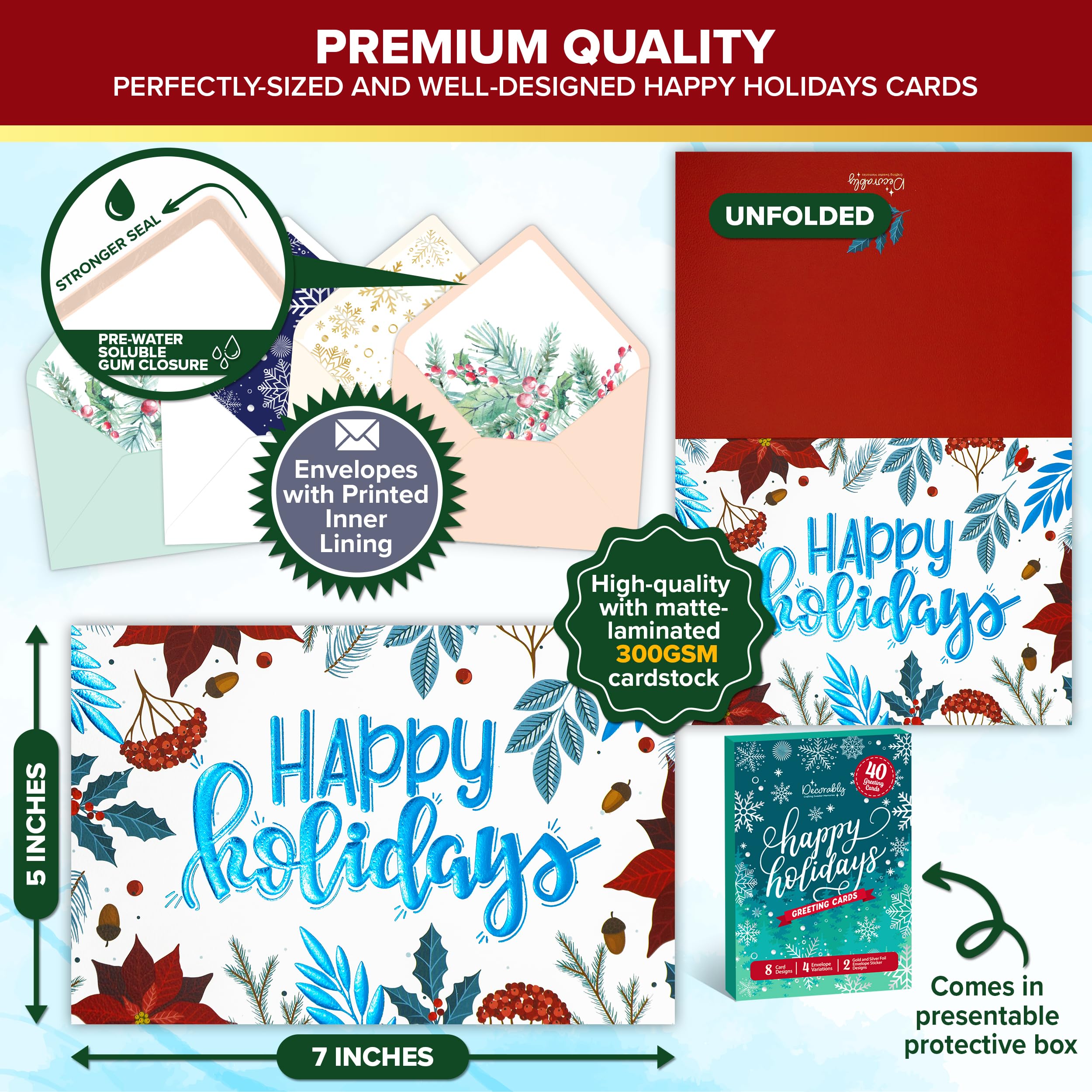 Decorably 40 Pack Foil Embossed Happy Holidays Cards with Envelopes Bulk & Stickers - 8 Designs Printed Message Bulk Christmas Cards Bulk Holiday Cards with Envelopes, 5x7in Happy Holiday Cards Bulk