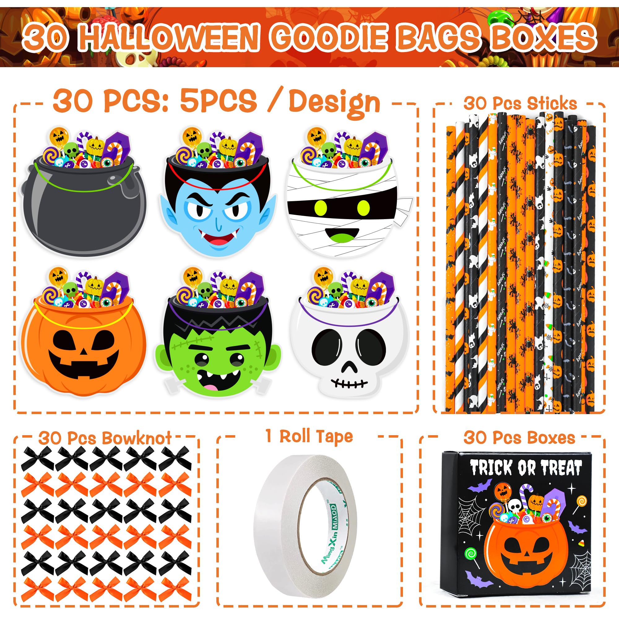 30 Pcs Halloween Treat Bags Boxes, Trick or Treat Halloween Candy Bags for Small Party Favors Toys Halloween Goodie Bags Bulk for Kids Classroom Prizes Treats Basket Stuffers Halloween Party Supplies