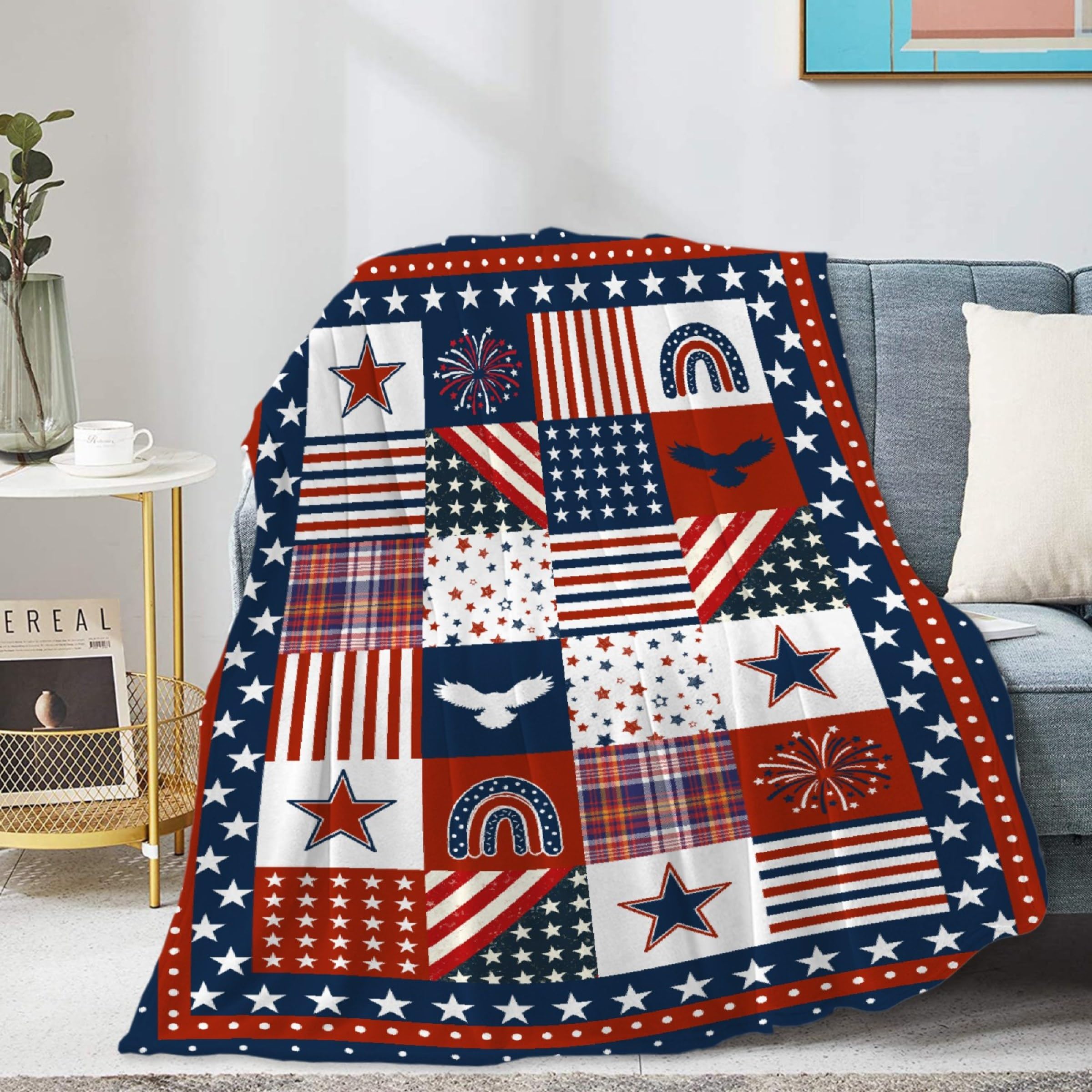 Ishanaten Flag Star Patriotic Blankets Independence Day 4th of July Blanket Gifts, Ultral Soft Blue Red White Lightweight Flannel Blankets Throw for Home Sofa Bed Chair 50"x60" for Teens