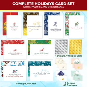 Decorably 40 Pack Foil Embossed Happy Holidays Cards with Envelopes Bulk & Stickers - 8 Designs Printed Message Bulk Christmas Cards Bulk Holiday Cards with Envelopes, 5x7in Happy Holiday Cards Bulk