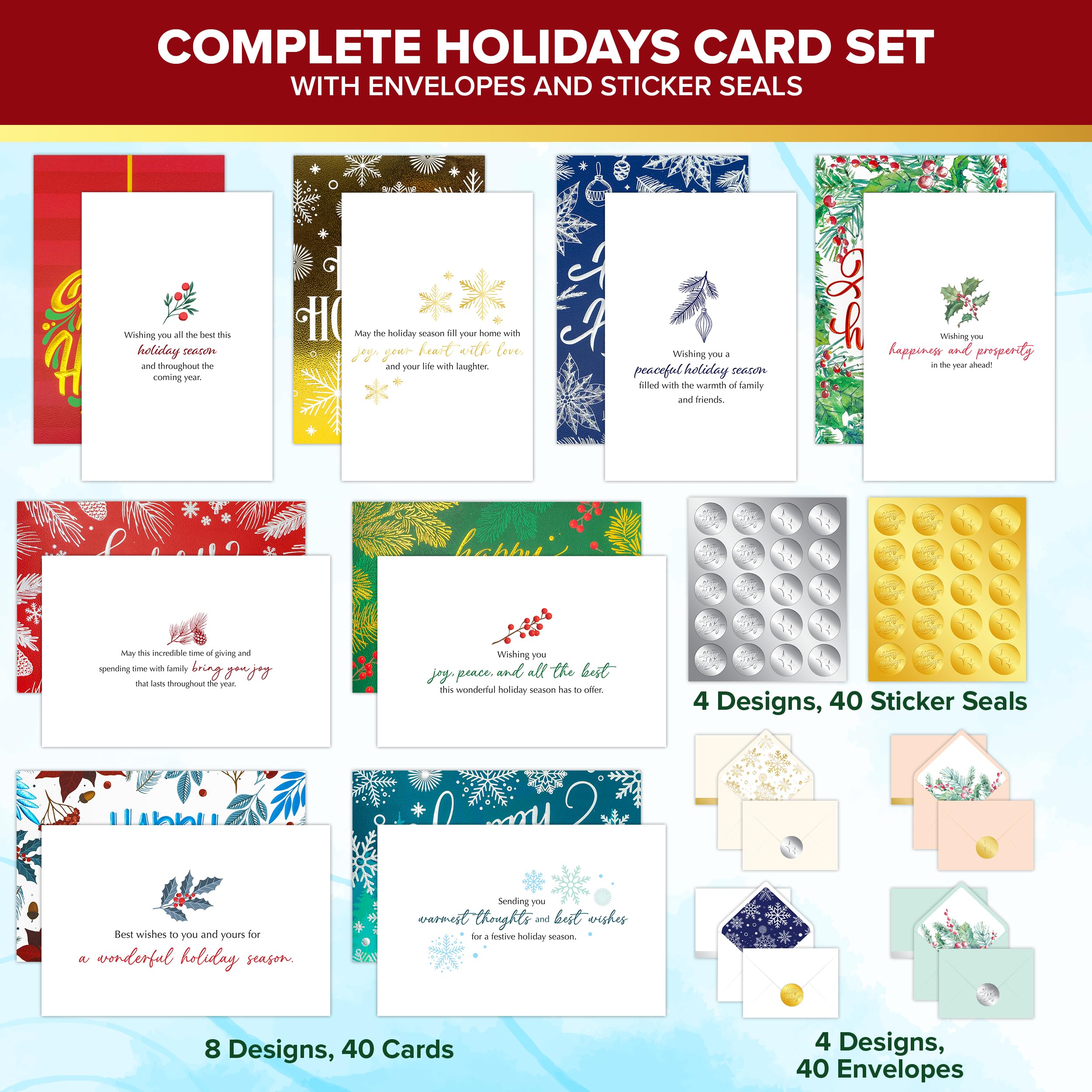 Decorably 40 Pack Foil Embossed Happy Holidays Cards with Envelopes Bulk & Stickers - 8 Designs Printed Message Bulk Christmas Cards Bulk Holiday Cards with Envelopes, 5x7in Happy Holiday Cards Bulk