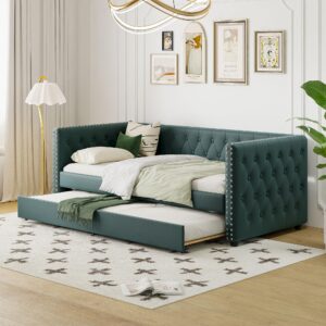 merax twin size tufted upholstered daybed with trundle, velvet sofabed with rivet design, no box-spring needed,green