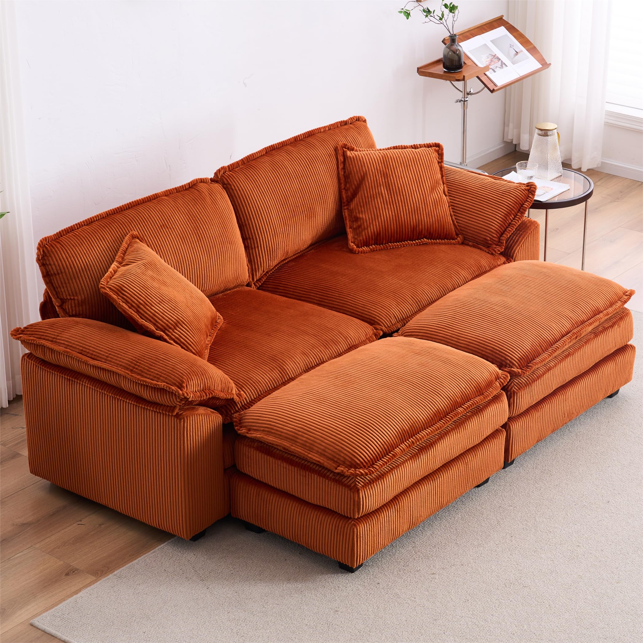 KEVINSPACE Modern Sectional Sofa for Living Room Deep Seat Couch with Moveable Ottoman 84.6" Modern Comfy Sleeper Sofa Double-Upholstered Modular Sofa Wide Loveseat Couches Apartment Bedroom Orange