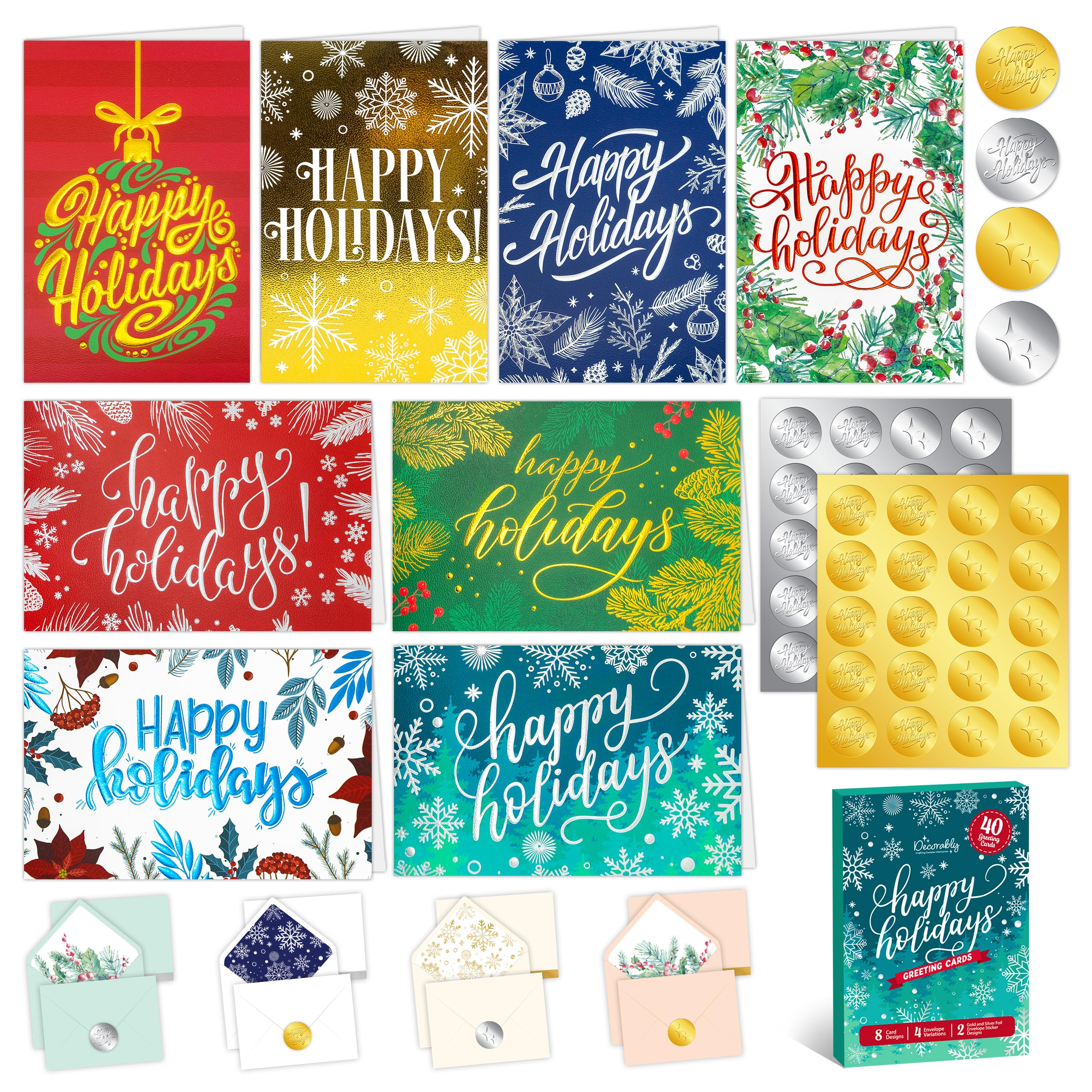 Decorably 40 Pack Foil Embossed Happy Holidays Cards with Envelopes Bulk & Stickers - 8 Designs Printed Message Bulk Christmas Cards Bulk Holiday Cards with Envelopes, 5x7in Happy Holiday Cards Bulk