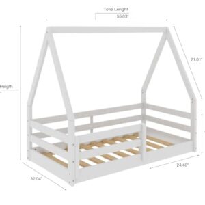 From the Tree Furniture Toddler Size Floor Bed for Girls and Boys, Solid Wood House Roof Bed, Montessori Low Floor Bed with Fence and Slat Support (Natural)