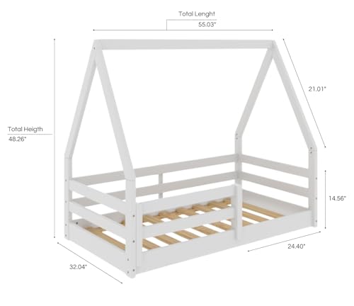 From the Tree Furniture Toddler Size Floor Bed for Girls and Boys, Solid Wood House Roof Bed, Montessori Low Floor Bed with Fence and Slat Support (Natural)