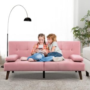 Shintenchi Futon Sofa Bed, Convertible Couch Bed Loveseat, Modern Futon Recliner Sleeper, Small Lazy Futon Set for Living Room, Office, Apartment, Pink