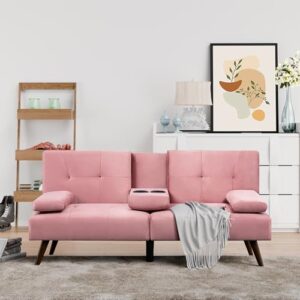 Shintenchi Futon Sofa Bed, Convertible Couch Bed Loveseat, Modern Futon Recliner Sleeper, Small Lazy Futon Set for Living Room, Office, Apartment, Pink