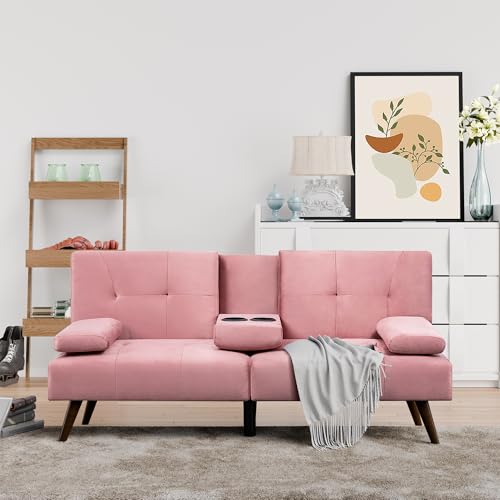 Shintenchi Futon Sofa Bed, Convertible Couch Bed Loveseat, Modern Futon Recliner Sleeper, Small Lazy Futon Set for Living Room, Office, Apartment, Pink