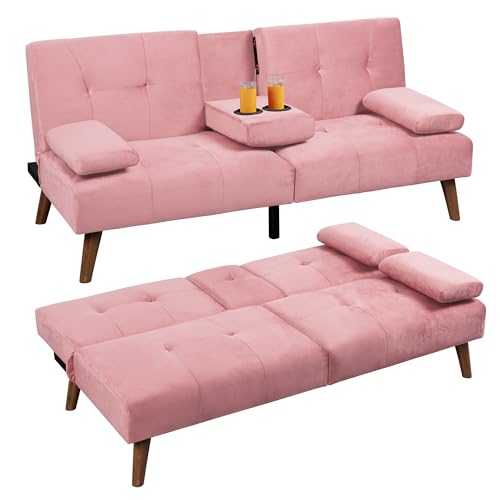 Shintenchi Futon Sofa Bed, Convertible Couch Bed Loveseat, Modern Futon Recliner Sleeper, Small Lazy Futon Set for Living Room, Office, Apartment, Pink