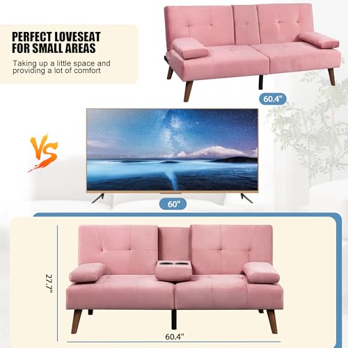 Shintenchi Futon Sofa Bed, Convertible Couch Bed Loveseat, Modern Futon Recliner Sleeper, Small Lazy Futon Set for Living Room, Office, Apartment, Pink