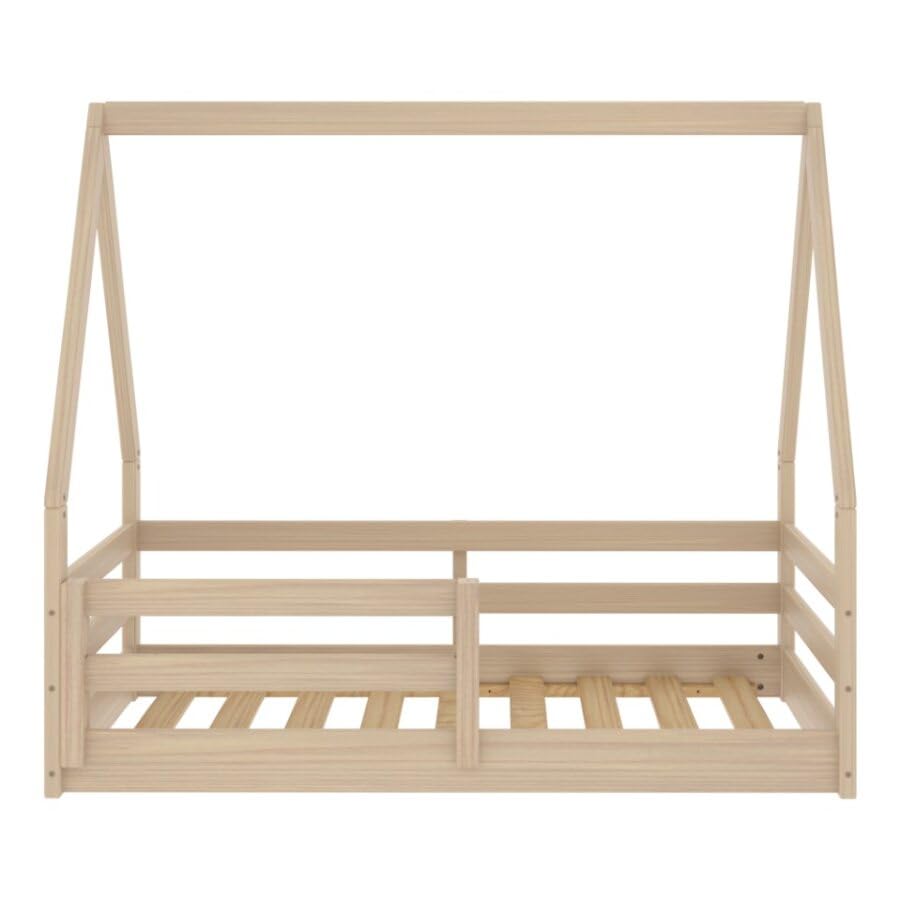 From the Tree Furniture Toddler Size Floor Bed for Girls and Boys, Solid Wood House Roof Bed, Montessori Low Floor Bed with Fence and Slat Support (Natural)