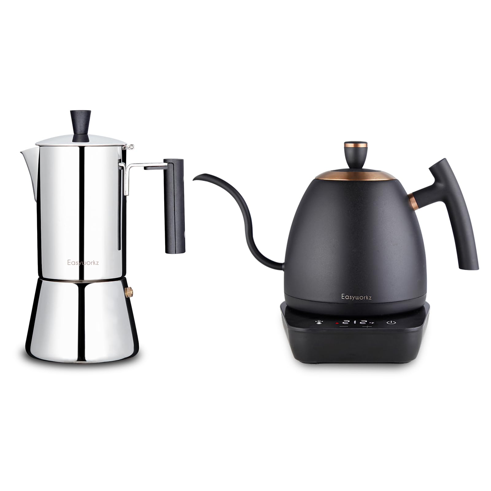 Easyworkz Pedro Stovetop Espresso Maker 6Cup 300ml, Bundled Electric Gooseneck Pour Over Coffee Kettle, Stainless Steel Hand Drip Tea Pot 27 Ounce Temperature Control 1200W Quick Heati