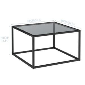 YMYNY Glass Coffee Table, Tempered Glass Square Coffee Tables with Metal Frame, Unique Modern Table for Living Room Home Office 26.77" x 26.77" x 15.75", Black Grey, UHCT001H