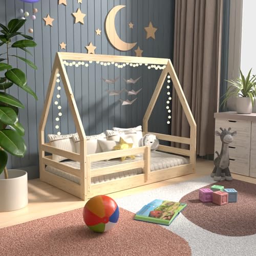 From the Tree Furniture Toddler Size Floor Bed for Girls and Boys, Solid Wood House Roof Bed, Montessori Low Floor Bed with Fence and Slat Support (Natural)