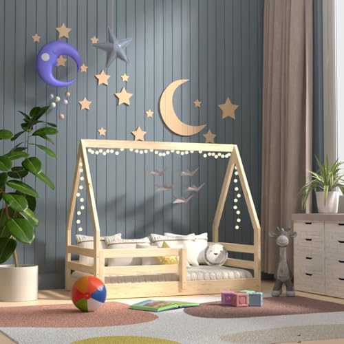 From the Tree Furniture Toddler Size Floor Bed for Girls and Boys, Solid Wood House Roof Bed, Montessori Low Floor Bed with Fence and Slat Support (Natural)