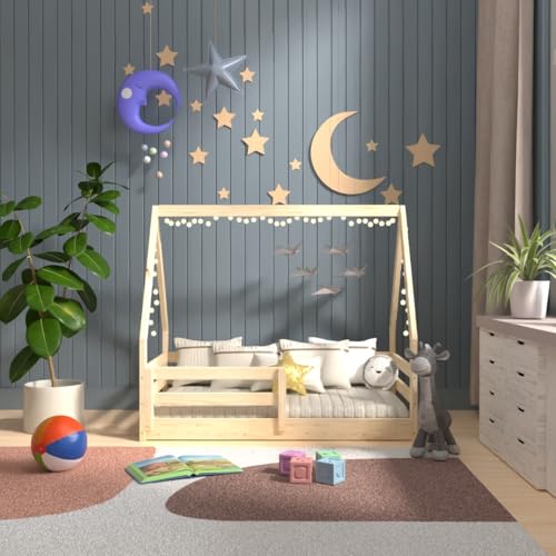 From the Tree Furniture Toddler Size Floor Bed for Girls and Boys, Solid Wood House Roof Bed, Montessori Low Floor Bed with Fence and Slat Support (Natural)