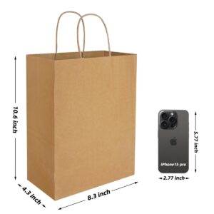 Colemoly Kraft Paper Bags 8.3x4.6x10.6 Inch 100Pcs Recyclable Brown Gift Bags with Handles for Retail, Boutiques, Corporate Gifting, Party Favors, and Small Business