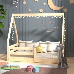 From the Tree Furniture Toddler Size Floor Bed for Girls and Boys, Solid Wood House Roof Bed, Montessori Low Floor Bed with Fence and Slat Support (Natural)