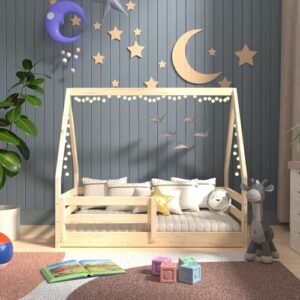 From the Tree Furniture Toddler Size Floor Bed for Girls and Boys, Solid Wood House Roof Bed, Montessori Low Floor Bed with Fence and Slat Support (Natural)