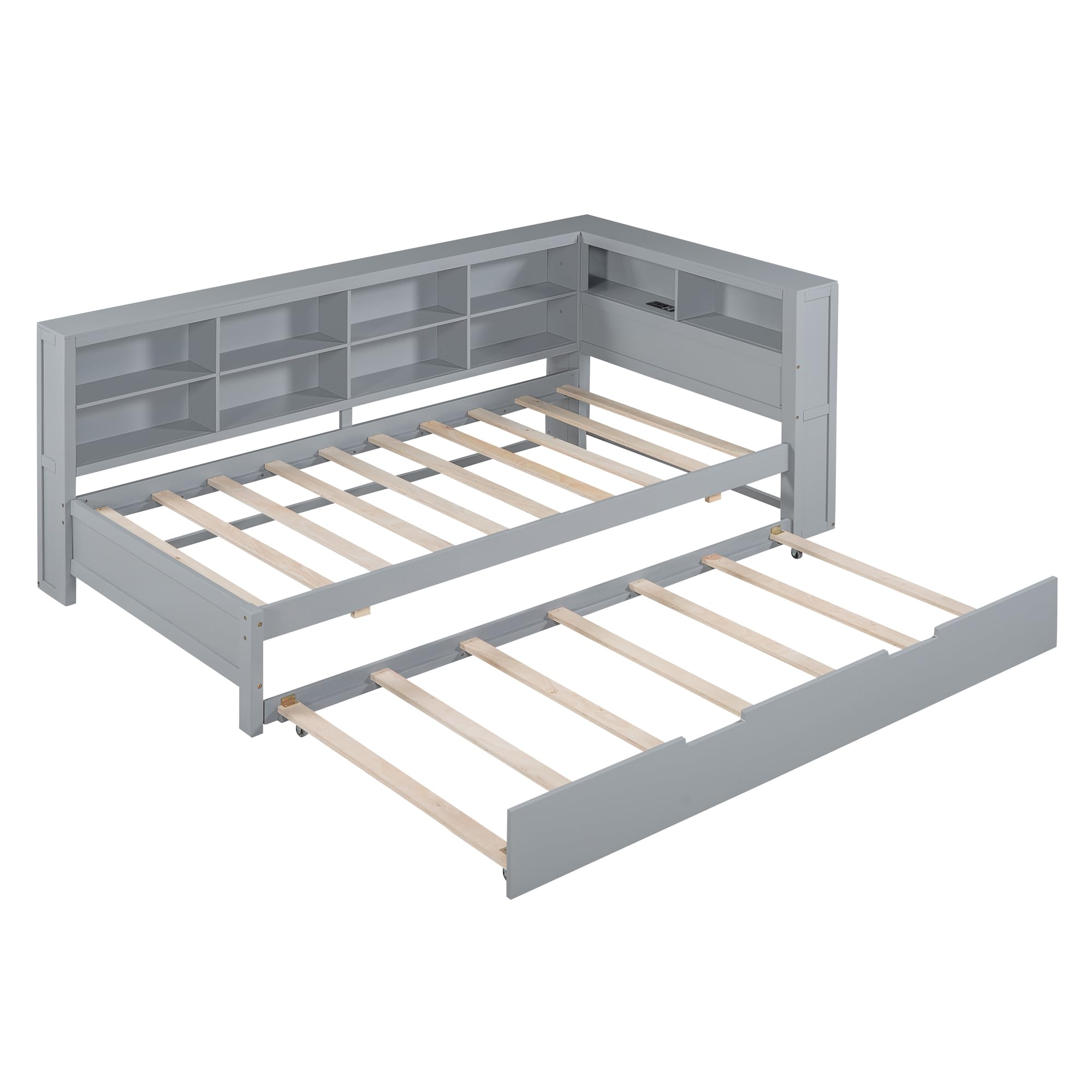 Twin Daybed with Trundle and Bookcase Headboard, Wood Platform Bed Frame with Charging Station and Storage Shelves, USB Port and Outlet Plug, No Box Spring Needed, Gray