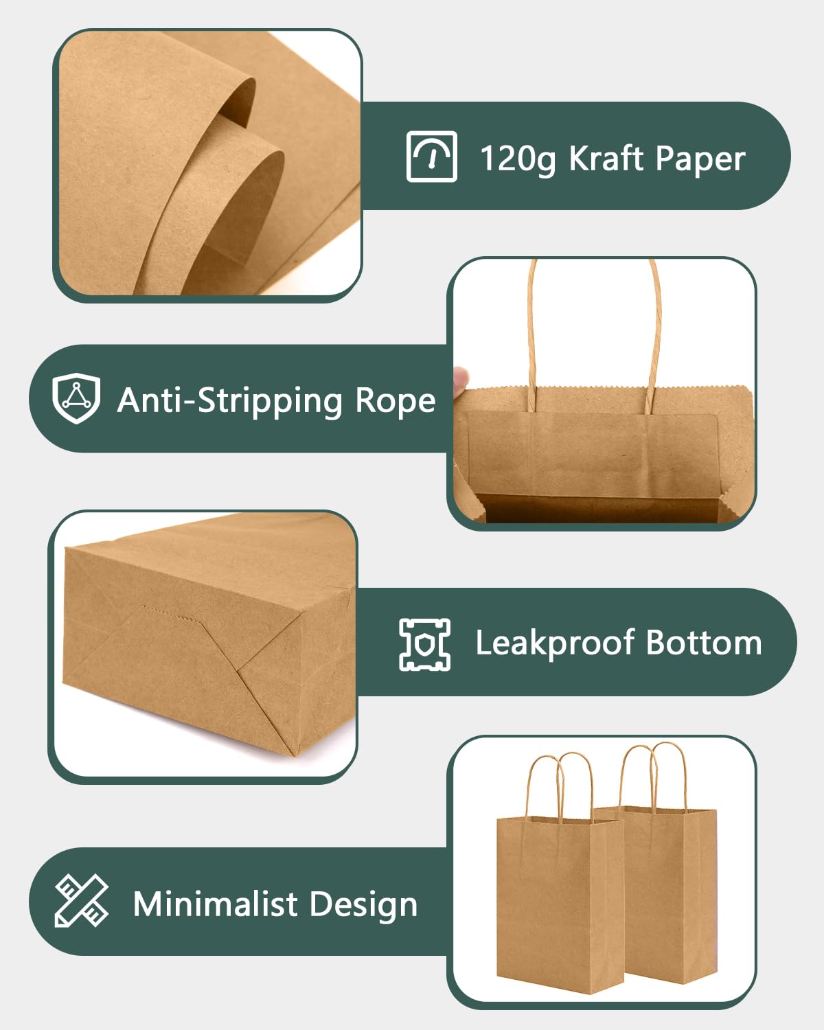 Colemoly Paper Gift Bags 180pcs 5.25x3.25x8 Inch Kraft Paper Bags with Handles Small Brown Recyclable for Small Business, Retail, Grocery, Cafes, Bakeries, and Cosmetics Stores