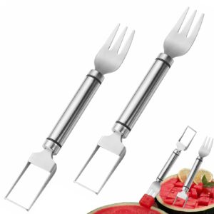 2 pack stainless steel fruit cutter, 2-in-1 portable watermelon fork slicer cutter melon cube cutter watermelon fork slicer cutter slicer tool quickly fruit forks slicer for home kitchen gadget