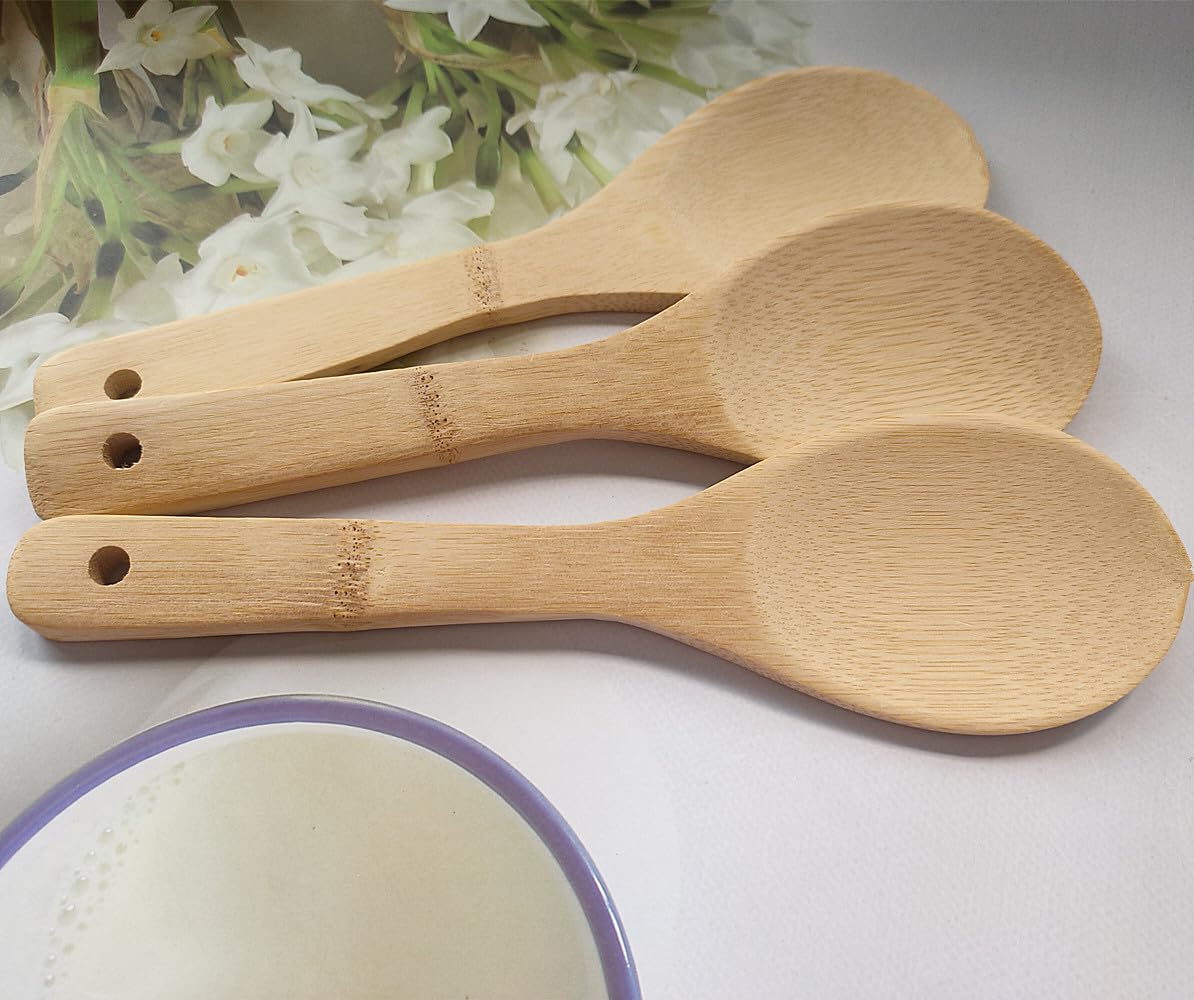 9 Inch Bamboo Rice Scoops Paddles, Wooden Non-stick Rice Spatula, Large Wood Serving Salad Spoons Scooper for Cooking, Stirring Soup, Sushi Kitchen Utensil Set (3 Pack)