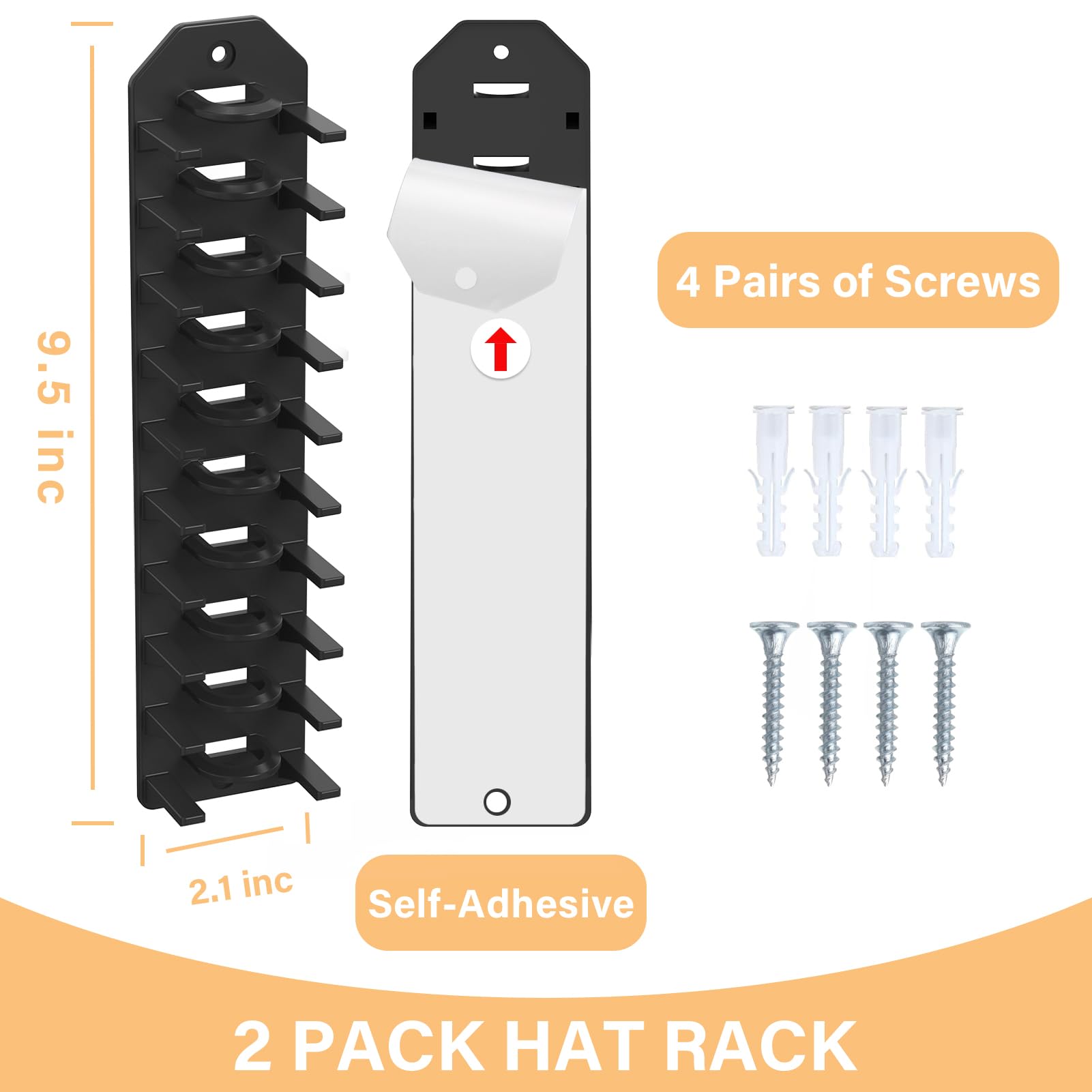 PHAIN 2 Pack Hat Organizer for Baseball Caps,Hat Rack for Wall, Compact Hat Storage Display Holder,Hold Up to 20 Hats,Hat Hanger Strong Adhesive/Wall Drilled for Door,Bedroom,Closet