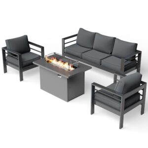 UDPATIO Aluminum Patio Furniture with Fire Pit Table, 4 Pieces Modern Aluminum Outdoor Sectional Conversation Set with Grey Cushion